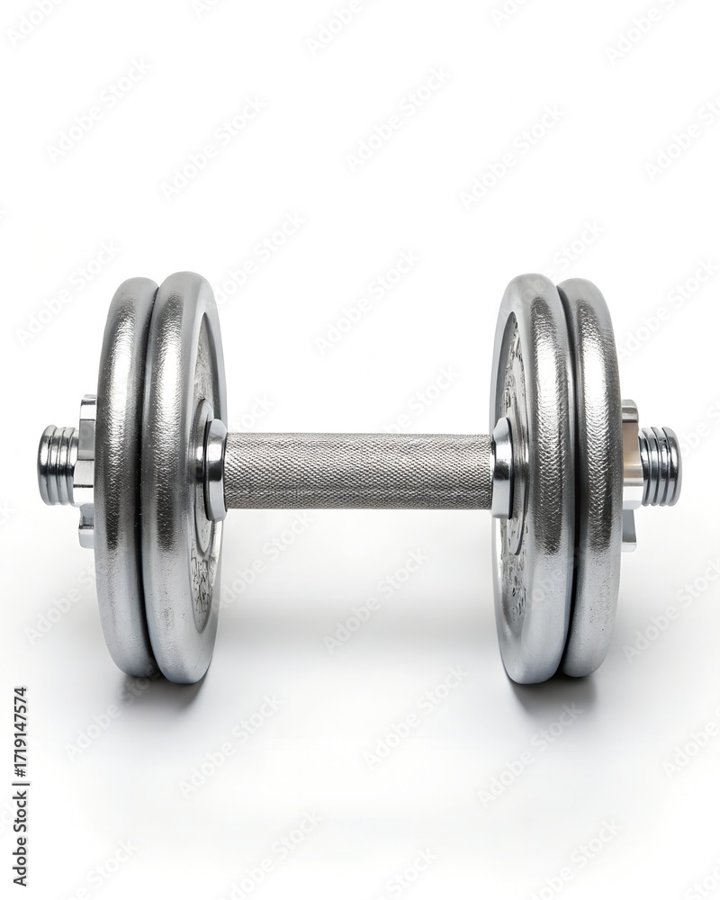 Naklejka premium Horizontal metal dumbbell with threaded ends and spin-lock collars on white background 