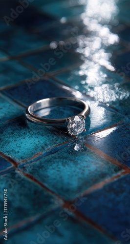 Wallpaper Mural Close-up of a solitaire diamond ring on teal-colored tiles Torontodigital.ca