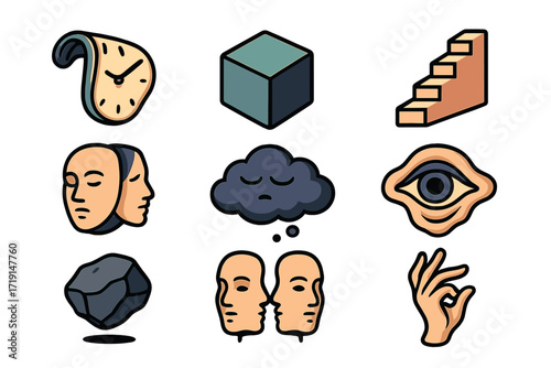 Surreal Icon Set. Flat icon set of surreal abstraction: melting clock, floating cube, staircase, shifting mask