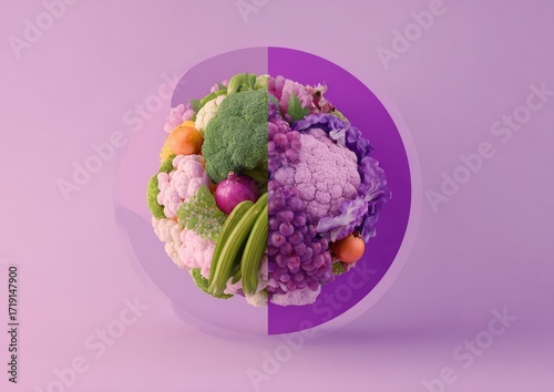 Wallpaper Mural Colorful vegetable sphere, divided by a translucent circle, on a pastel purple background Torontodigital.ca