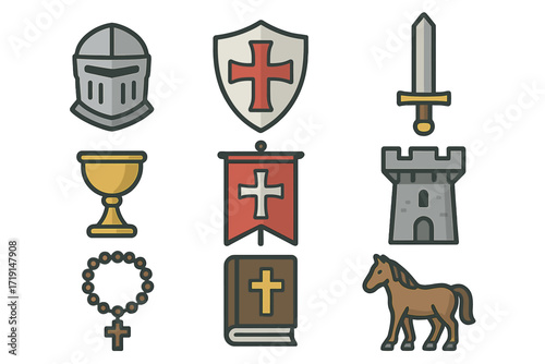 Crusader Kingdom Icon Set. Flat icon set of crusader kingdoms: knight helmet, cross shield, sword, chalice,