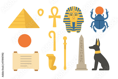 Modern Pharaoh Icon Set. Flat icon set of pharaohs reborn: pyramid, ankh, pharaoh mask, scarab beetle, sun