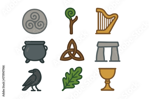 Celtic Mystical Icons. Flat icon set of Celtic mysticism: spiral stone, druid staff, harp, cauldron, knot