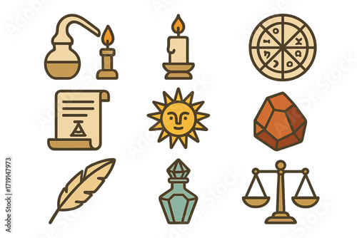 Renaissance Alchemy Icons. Flat icon set of renaissance alchemy: alembic, candle, astrology chart, manuscript,