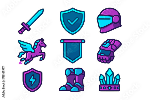 Future Knights Icons. Flat icon set of future knights: energy sword, glowing shield, visor helmet, jet horse,