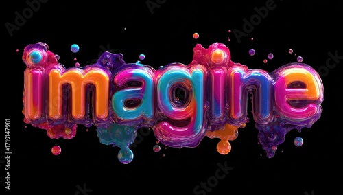 Wallpaper Mural Vibrant, colorful 3D text "Imagine" with paint-splatter effect on black background Torontodigital.ca