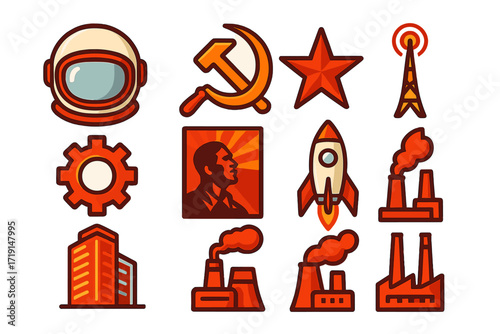 Soviet Retrofuture Icons. Flat icon set of Soviet retrofuture: cosmonaut helmet, sickle, red star, radio tower