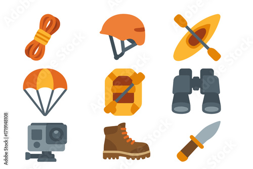 Adventure Travel Icons. Flat icon set of adventure travel: climbing rope, helmet, kayak, parachute, raft,