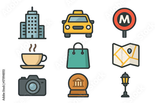 City Tourism Icons. Flat icon set of city tourism: skyscraper, taxi, metro sign, cafe cup, shopping bag,