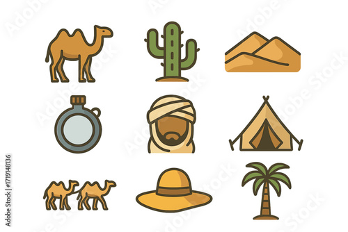 Desert Adventure Icons. Flat icon set of desert travel: camel, cactus, sand dune, water canteen, turban, tent,