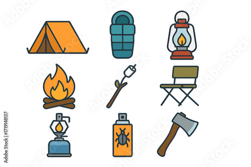 Camping Essentials Icons. Flat icon set of camping: tent, sleeping bag, lantern, campfire, marshmallow stick,