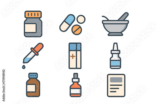 Pharmacy Icon Grid. Flat icon set of neurology: brain, neuron, EEG monitor, nerve diagram, pill blister, MRI