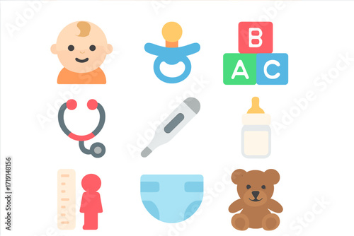 Pediatric Icons Grid. Flat icon set of pediatrics: baby, pacifier, toy blocks, child stethoscope, thermometer,