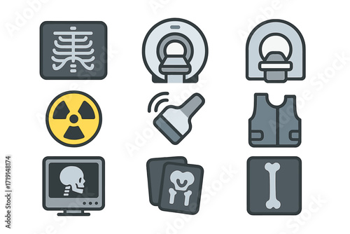 Radiology Icon Set. Flat icon set of radiology: x-ray, CT scanner, MRI machine, radiation sign, ultrasound