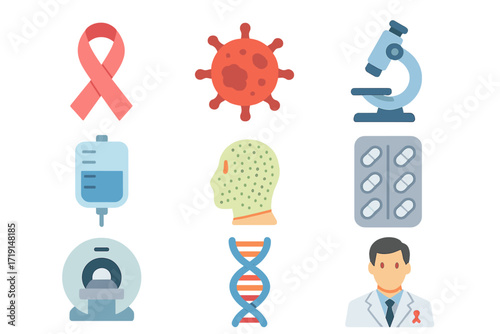 Oncology Icon Set. Flat icon set of oncology: cancer ribbon, tumor cell, microscope, IV chemotherapy bag,
