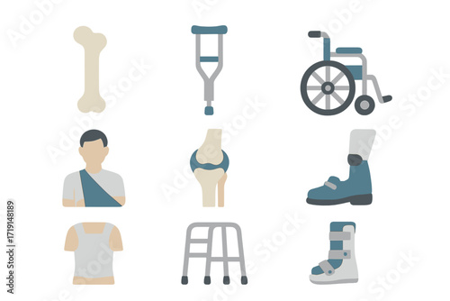 Orthopedic Icons Collection. Flat icon set of orthopedics: bone, crutch, wheelchair, prosthetic leg, arm sling