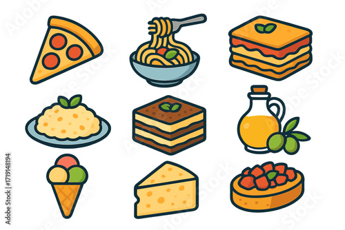 Italian Cuisine Icons. Flat icon set of Italian cuisine: pizza slice, spaghetti bowl, lasagna, risotto,