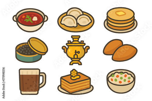 Russian Cuisine Icons. Flat icon set of Russian cuisine: borscht bowl, pelmeni dumplings, blini pancakes,