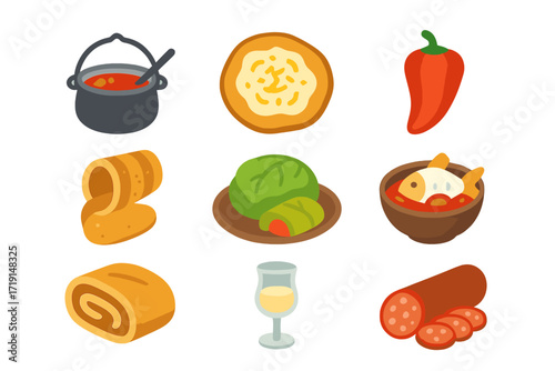 Hungarian Cuisine Icons. Flat icon set of Hungarian cuisine: goulash pot, lángos bread, paprika pepper,
