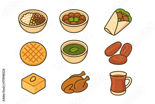 Egyptian Cuisine Icons. Flat icon set of Egyptian cuisine: koshari bowl, ful medames, falafel wrap, hawawshi