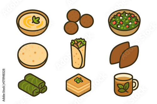 Lebanese Cuisine Icons. Flat icon set of Lebanese cuisine: hummus bowl, falafel balls, tabbouleh salad, pita
