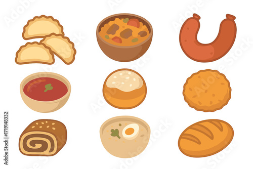 Polish Cuisine Icons. Flat icon set of Polish cuisine: pierogi dumplings, bigos stew, kielbasa sausage,