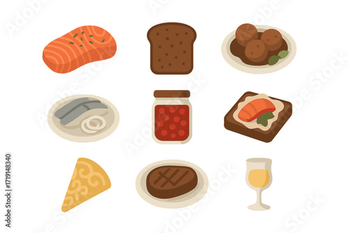 Scandinavian Cuisine Icons. Flat icon set of Scandinavian cuisine: gravlax salmon, rye bread, meatballs,