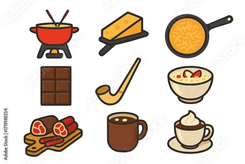 Swiss Cuisine Icons. Flat icon set of Swiss cuisine: fondue pot, raclette cheese, rösti potato, chocolate bar,