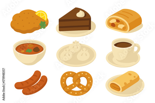 Austrian Cuisine Icons. Flat icon set of Austrian cuisine: schnitzel, sachertorte cake, apple strudel, goulash