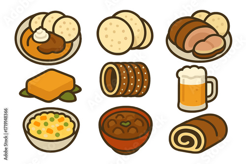 Czech Cuisine Icons. Flat icon set of Czech cuisine: svíčková dish, dumplings, roast pork, fried cheese,