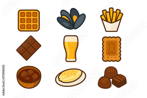 Belgian Cuisine Icons. Flat icon set of Belgian cuisine: waffles, mussels, fries, chocolate bar, beer glass,
