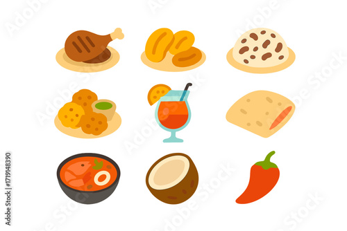 Caribbean Cuisine Icons. Flat icon set of Caribbean cuisine: jerk chicken, plantains, rice and beans, conch