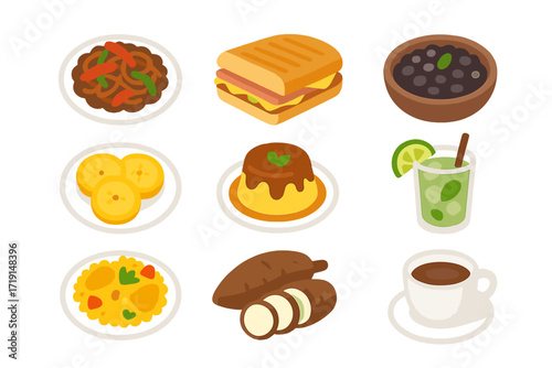 Cuban Cuisine Icons. Flat icon set of Cuban cuisine: ropa vieja, Cuban sandwich, black beans, fried plantains,