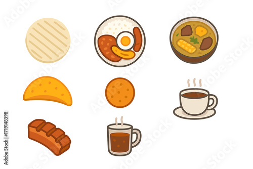 Colombian Cuisine Icons. Flat icon set of Colombian cuisine: arepa, bandeja paisa, sancocho soup, ajiaco soup,