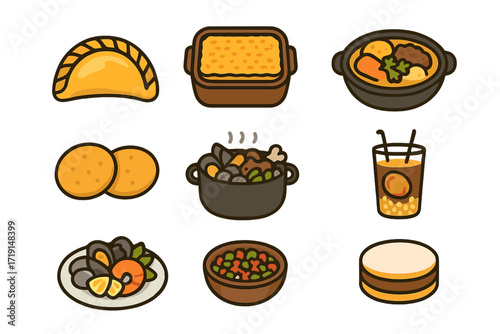 Chilean Cuisine Icons. Flat icon set of Chilean cuisine: empanada, pastel de choclo, cazuela stew, sopaipilla