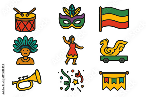 Cultural Parade Icons. Flat icon set of cultural parades: drum, mask, flag, costume, dancer, parade float,