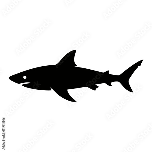 A simple black silhouette of a shark in a side profile view, isolated on a plain white background.