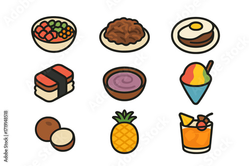 Hawaiian Cuisine Icons. Flat icon set of Hawaiian cuisine: poke bowl, kalua pig, loco moco, spam musubi, poi