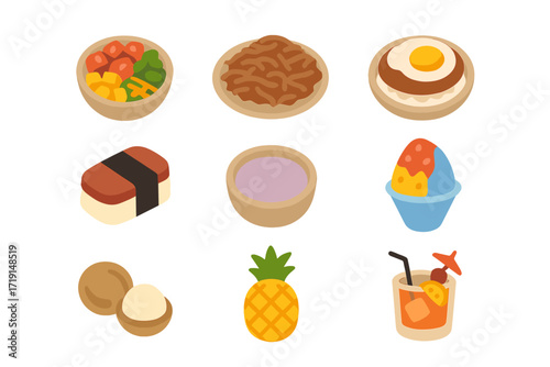 Hawaiian Cuisine Icons. Flat icon set of Hawaiian cuisine: poke bowl, kalua pig, loco moco, spam musubi, poi