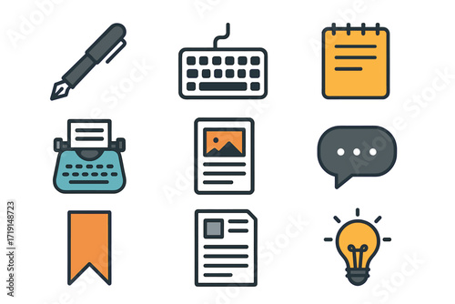 Blogging Icon Collection. Flat icon set of blogging & writing: pen, keyboard, notepad, typewriter, blog post,