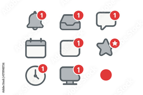 Notification Icon Set. Flat icon set of notifications: bell, inbox tray, message alert, calendar reminder, app