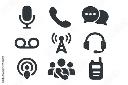 Voice Communication Icons. Flat icon set of voice communication: microphone, phone icon, call bubbles,