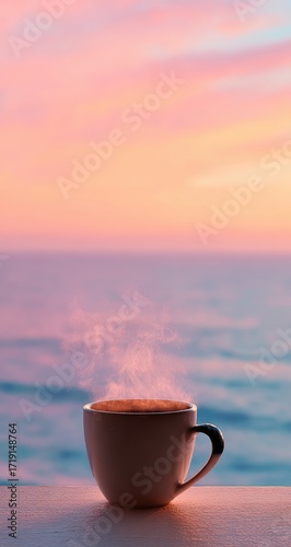 Wallpaper Mural A cup of coffee steaming on a balcony overlooking a pastel sunset over the ocean Torontodigital.ca