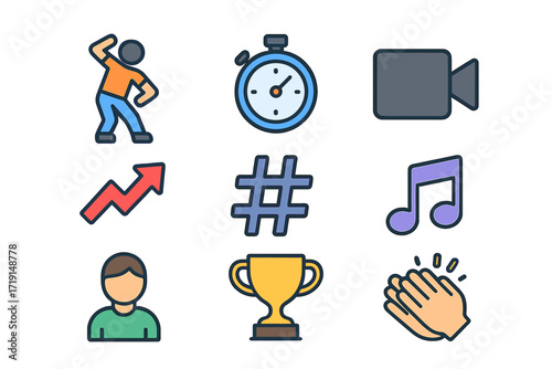 Viral Challenge Icons. Flat icon set of viral challenges: dance pose, timer icon, video camera, trending arrow