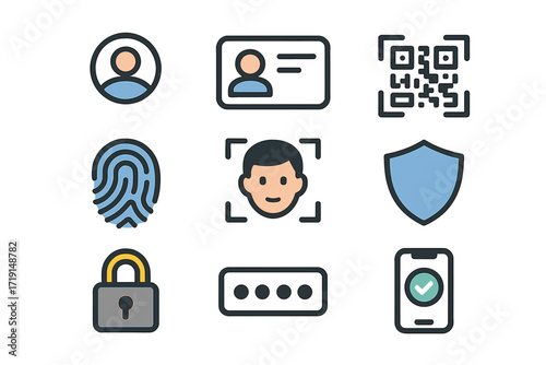 Digital Identity Icons. Flat icon set of digital identity: profile avatar, ID card, QR code, fingerprint, face