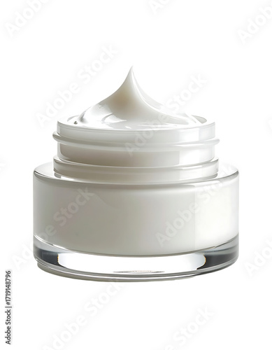 A partially-filled, clear jar of thick, white cream with a swirled top