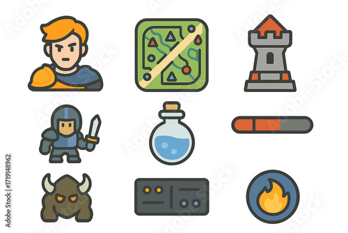 MOBA Game Icons. Flat icon set of MOBA gaming: hero avatar, map layout, base tower, minion, mana potion,
