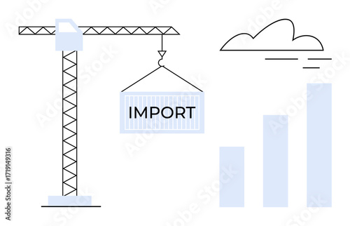 Crane lifting a container labeled import next to cloud and rising bar chart. Ideal for trade, logistics, shipping, business growth, imports, exports, and economy trends. Simple flat metaphor