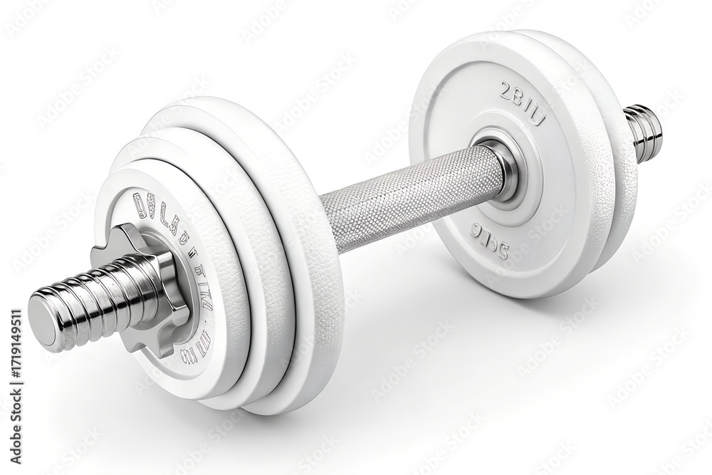 Fototapeta premium White dumbbell with metal grip and spin-lock collars holding labeled weight plates on white background 