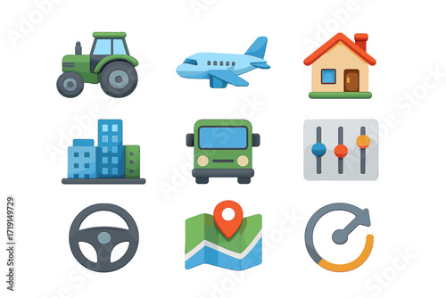 Simulation Game Icons. Flat icon set of simulation games: farm tractor, airplane, house, city skyline, bus,
